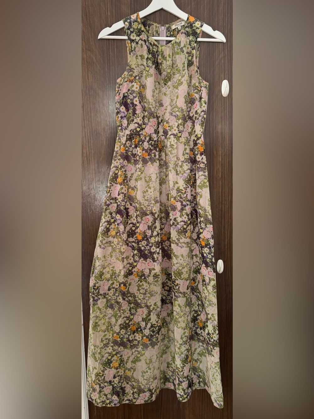Madewell Floral Chiffon Maxi Dress in Pink, Green & Orange, size 0 lined boho